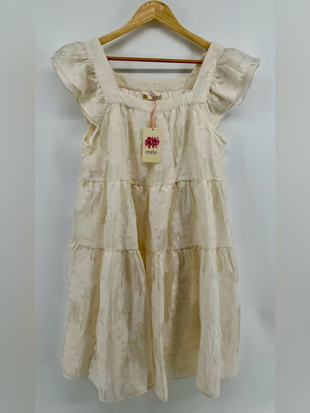 NWT Entro Ivory Floral Jacquard Tiered Babydoll Dress Sz  L Cottagecore Romantic